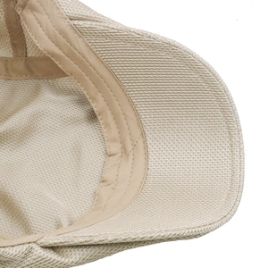Detail of breathable mesh fabric and fine stitching on a khaki summer newsboy cap