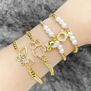 Women Fashion Bracelet 18K Gold Plated Copper Zircon Imitation Artificial Pearl Butterfly Owl Elephant Animal Charm Jewelry