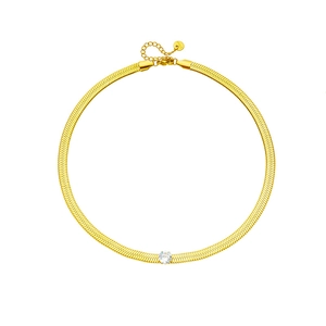 Golden flat snake chain necklace with a round clear zircon pendant on white background