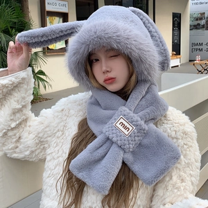 Winter plush rabbit ear hat and scarf combo in soft light grey faux fur for women