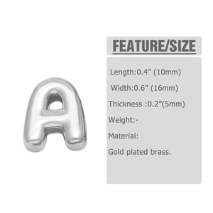 Detail of silver letter A pendant charm made of gold plated brass for DIY jewelry sets