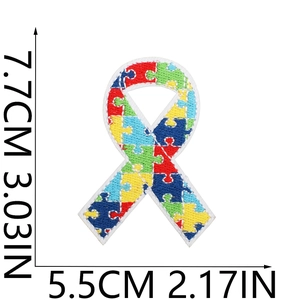 Detail view of awareness ribbon embroidery patch with puzzle pattern and dimensions