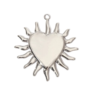 Polished silver stainless steel heart sun pendant with radiant flame textured details