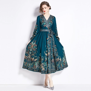 Peacock green V-neck long sleeve maxi dress with bohemian paisley print and waist tie
