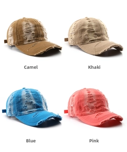 Detailed grid showing distressed baseball caps in camel, khaki, blue, and pink cotton canvas
