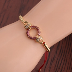 Adjustable red rope bracelet with gold copper beads and multicolor zircon inlay charms