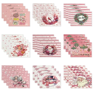 Christmas Placemat Linen Cotton Polyester Waterproof Pink Cartoon Santa Snowman Heat Insulated Table Decor Holiday Party