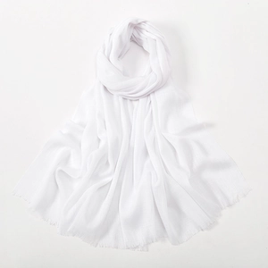 Solid white breathable slub cotton long scarf with delicate fringe edges