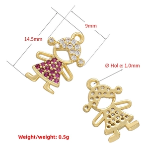 Detail of girl-shaped gold pendants with pink and white zircon stones, front and back view