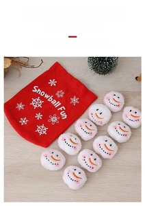 Detailed view of 10 plush snowmen snowballs with a red felt Snowball Fun drawstring bag