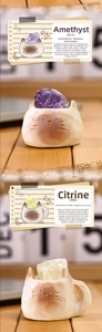 Detailed view of amethyst and citrine crystals in cute cat shaped ceramic holders