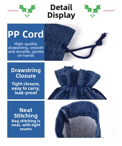 Detail of blue textured fabric bag with PP rope drawstring and neat stitching craft