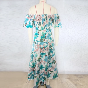 Detailed back view of a floral off-shoulder maxi dress with tiered skirt on a mannequin