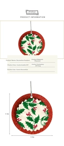 Detail of 5.3cm wood Christmas ornament with holly leaves and red glitter edges
