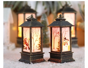 Detail view of back of retro Christmas lanterns with Santa and snowman patterns