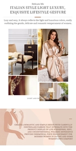 Detail of silk-satin champagne robe with black piping and elegant belted waist