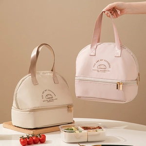 Double-layer insulated lunch bag in pink and beige with high-density oxford fabric