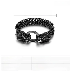Detailed view of punk style stainless steel double dragon head bracelet with dimensions