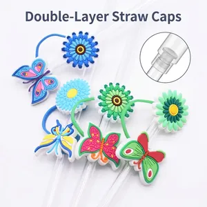 Butterfly Flower Straw Cover Cap Silicone Dust Plug Cartoon Drinking Straw Toppers Tumbler Cup Accessories
