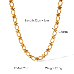 Detail view of 18K gold plated stainless steel necklace with size and weight specs
