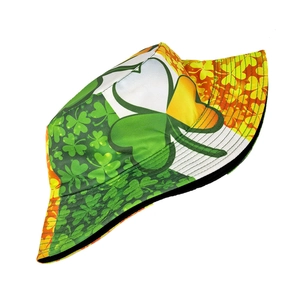Detailed view of St. Patrick's Day bucket hat with shamrock print and tri-color design