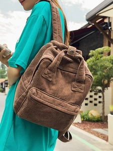 Brown corduroy backpack for women, retro casual rucksack with adjustable straps
