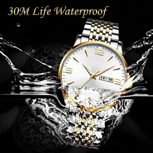 Waterproof silver and gold stainless steel men's watch with day-date window display