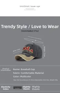 Detailed view of washed cotton baseball cap with red HOLA embroidery and size specifications