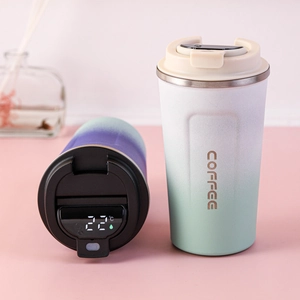 Detail view of 304 stainless steel coffee mugs with smart LED temperature display lids