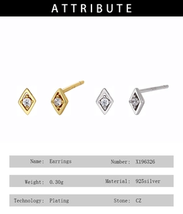 Detailed view of geometric rhombus S925 silver stud earrings with CZ stones and plating