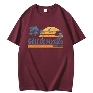 Detail of burgundy cotton t-shirt featuring vintage Gulf of Mexico screen print design