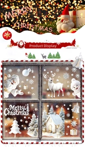 Detail view of white Christmas window stickers with Santa, reindeer and snowman decals