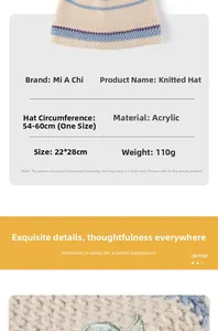 Detailed specs of beige knit beanie with floral embroidery and acrylic fabric texture