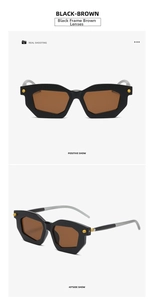 Detail of irregular geometric sunglasses in black frame with brown lenses and metal hinges