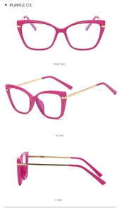 Detailed views of purple TR90 butterfly frame glasses with gold metal temples C3