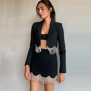 Women Fashion Rhinestone Fringe Cropped Blazer And High Waist Mini Skirt Elegant Solid Color Long Sleeve Party Outfits
