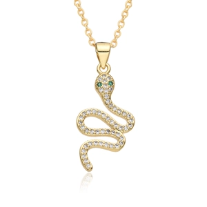 Gold plated snake necklace with pavé crystal body and green zircon eyes on white background