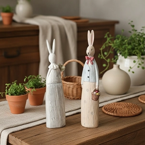 Vintage resin rabbit ornaments with faux wood texture for creative home decor