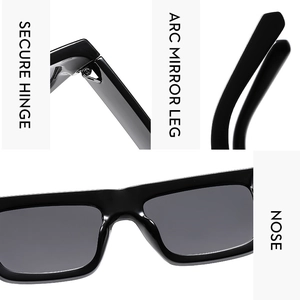 Detail view showing secure metal hinges, arc mirror legs, and nose pads of square sunglasses