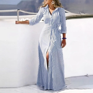 Blue and white vertical striped long sleeve maxi shirt dress with waist tie and high slit