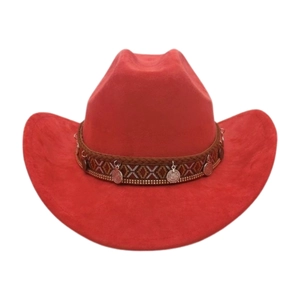 Classic red western cowboy hat with ethnic braided band and silver metal pendants