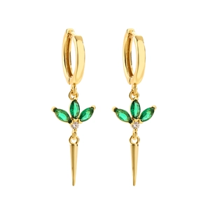 18K gold plated huggie earrings with green marquise stones and long cone-shaped tassels