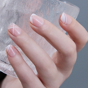 French Press On Nails Pink White Heart Pattern Short Round Square Shape Removable False Nails For Women