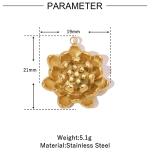 Macro shot of 14K gold lotus pendant with 19x21mm dimensions and stainless steel material