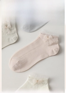 Detailed view of women's mesh ankle socks with lace trim and sweet ribbon bow accents