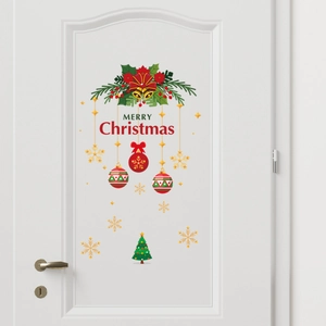 Merry Christmas door sticker with festive bells and tree ornaments on white wood door