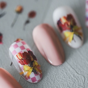 Japanese style floral nail stickers with pink plaid and retro red flower designs
