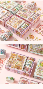 Close-up of pink and purple DIY sticker gift set with milk tea and cartoon girl themes