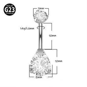 Piercing per ombelico a goccia in titanio G23 con zirconi e dimensioni dettagliate