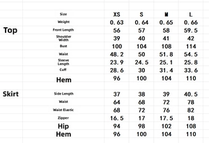 Tableau des tailles pour l'élégant haut en tweed et l'ensemble jupe trapèze mesures